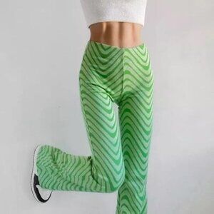 Urban Outfitters Bryn Swirl Wave 70s Retro Disco Pull On Flare Pant in Green M